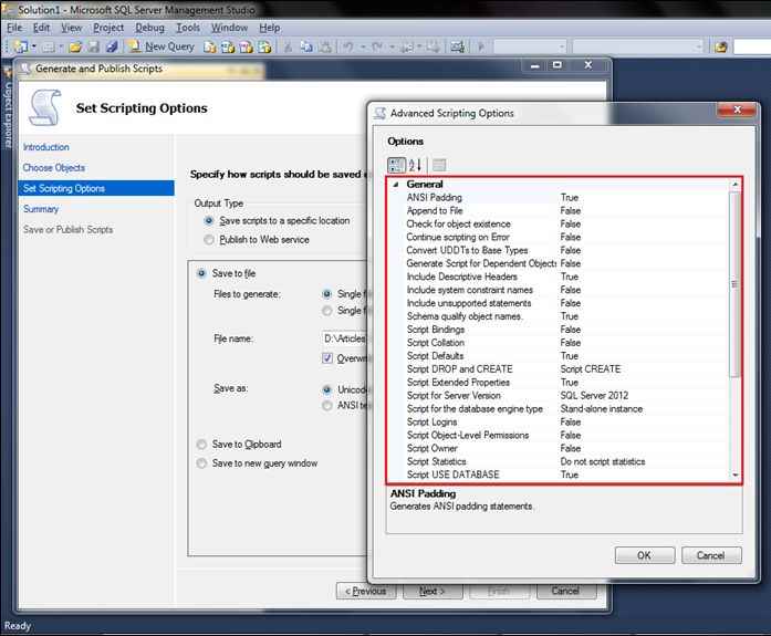 selecting Advanced Script Options